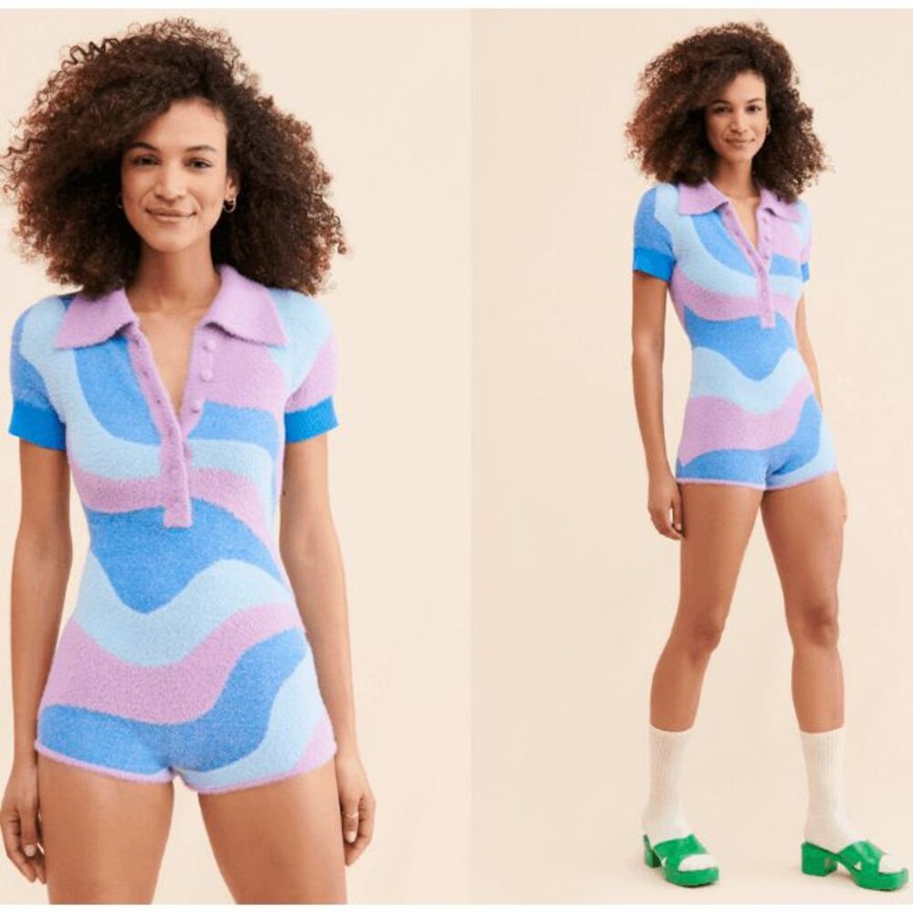 House of Sunny Good Vibrations Fuzzy Short Romper / Bodysuit‎ Blue Purple Size 4